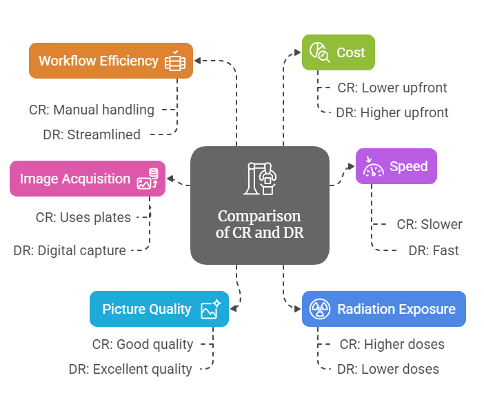 Visual comparison of CR and DR X-ray imaging systems highlighting differences in workflow efficiency, cost, speed, image acquisition, picture quality, and radiation exposure.